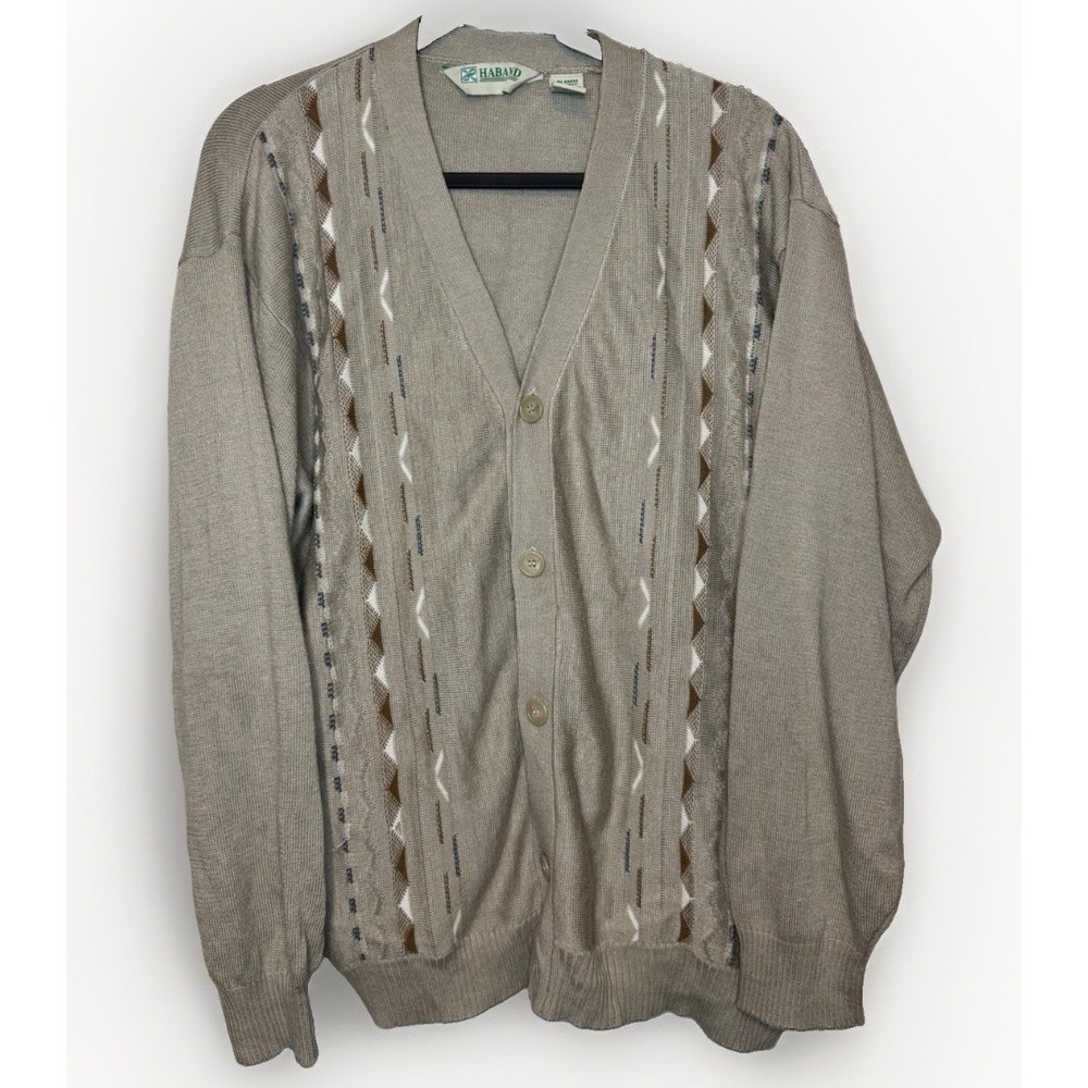 Haband Vintage Mens V Neck Cardigan Sweater Beige Retro Indie XL Pockets